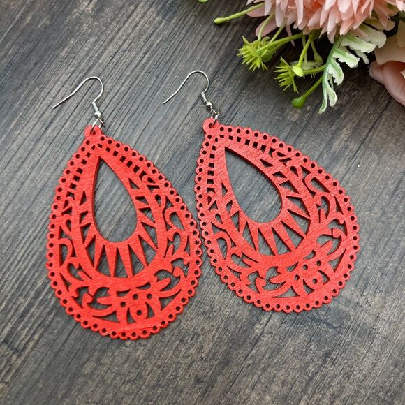 Beige Casual Retro Simple Style Water Droplets Minimal Wood Drop Earrings Boho - Picture 15 of 16